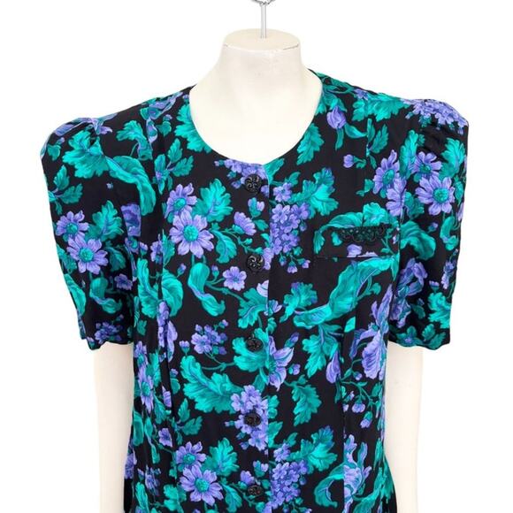 VTG 80s ADRIAN JORDAN Black Floral Button Front Sheath Dress SZ 14 - Picture 4 of 13